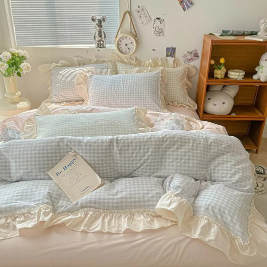 RuffleCheck™ - Bettwäsche Set Kariert - Rüschen Design - Romantisches Schlafzimmer Set
