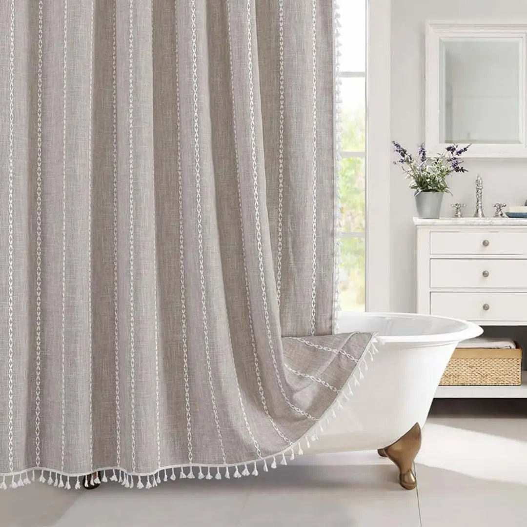 Lina Duschvorhang - Leinen, Boho-Design mit Quasten, Wasserdicht 8