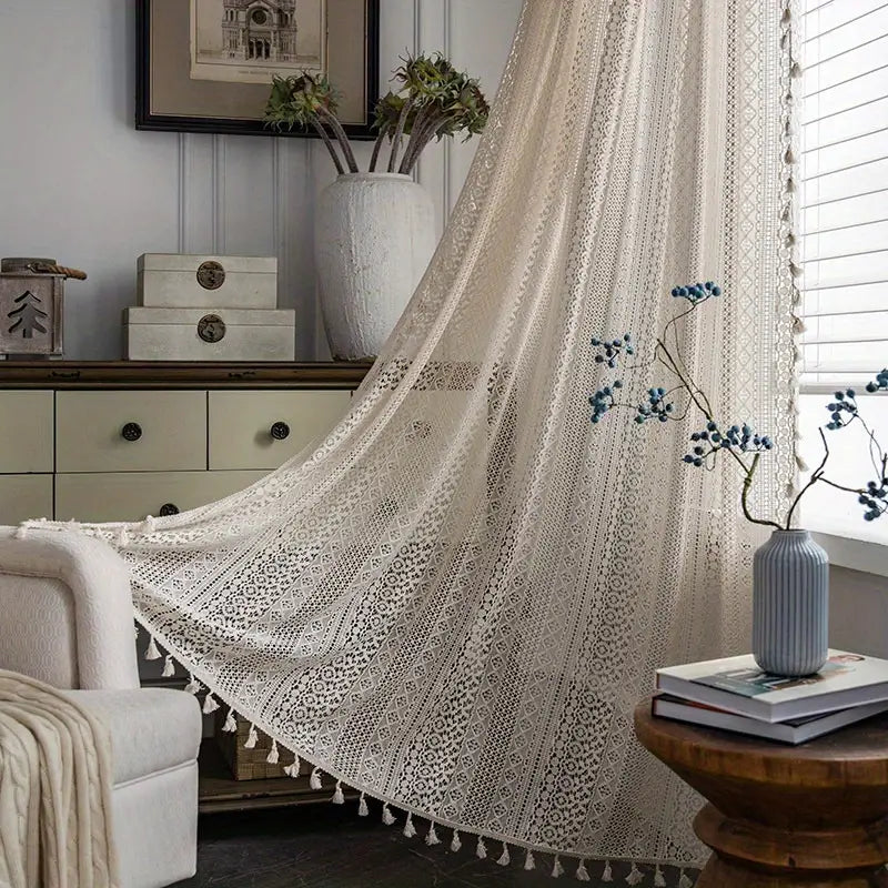 BohoWeaveCharm™ – Boho Häkelvorhang mit Quasten – Halbtransparenter Fenster Vorhang