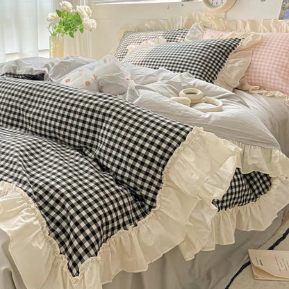 RuffleCheck™ - Bettwäsche Set Kariert - Rüschen Design - Romantisches Schlafzimmer Set