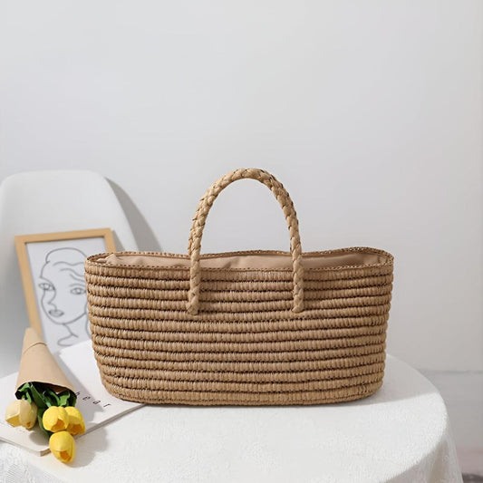 StrawCarry™ – Geflochtene Stroh Strandtasche mit Kordelverschluss – Geflochtene Stroh Tragetasche