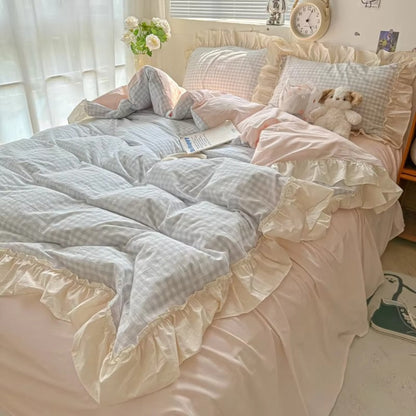 RuffleCheck™ - Bettwäsche Set Kariert - Rüschen Design - Romantisches Schlafzimmer Set