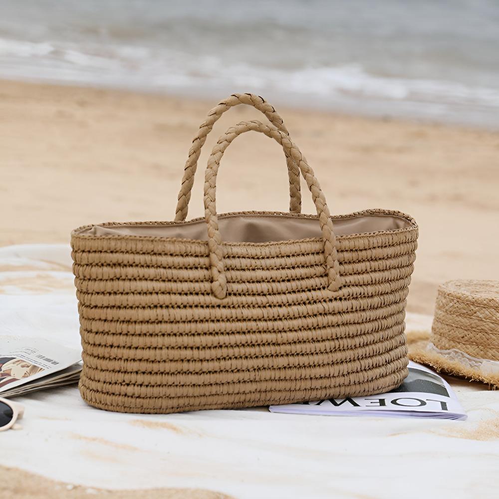 StrawCarry™ – Geflochtene Stroh Strandtasche mit Kordelverschluss – Geflochtene Stroh Tragetasche