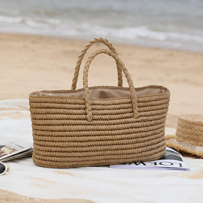 StrawCarry™ – Geflochtene Stroh Strandtasche mit Kordelverschluss – Geflochtene Stroh Tragetasche