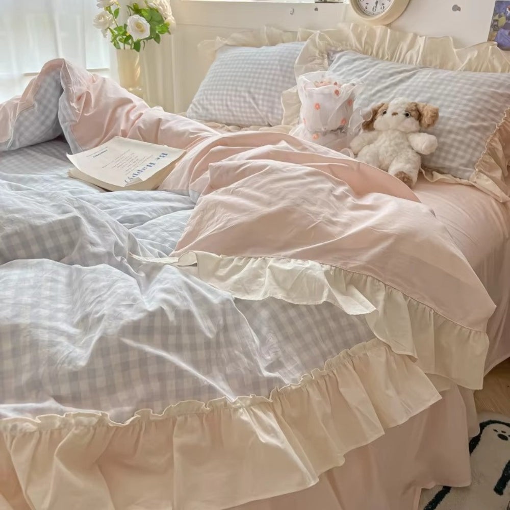 RuffleCheck™ - Bettwäsche Set Kariert - Rüschen Design - Romantisches Schlafzimmer Set