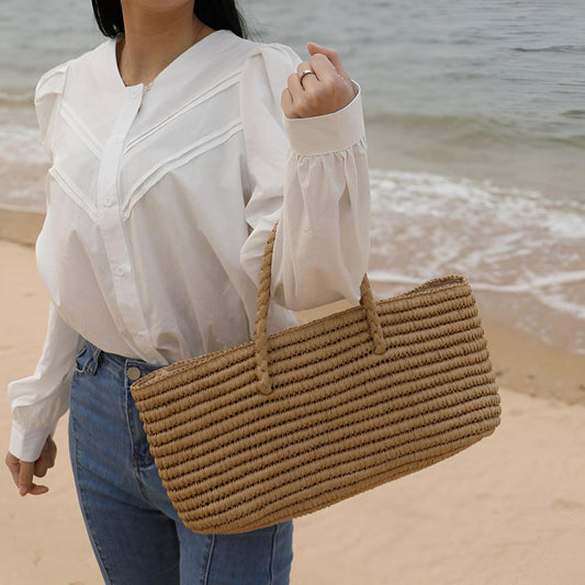 StrawCarry™ – Geflochtene Stroh Strandtasche mit Kordelverschluss – Geflochtene Stroh Tragetasche