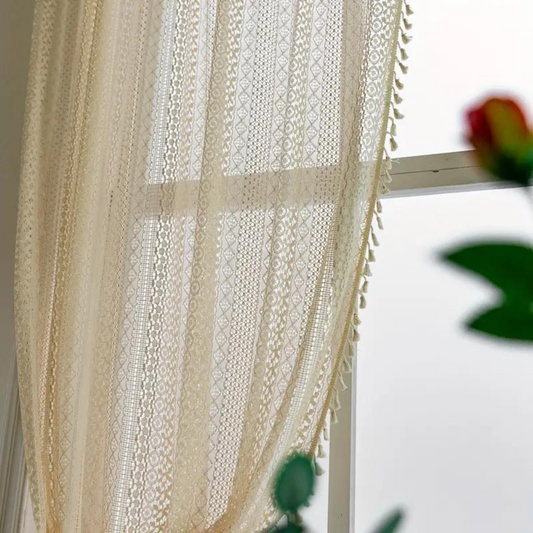 BohoWeaveCharm™ – Boho Häkelvorhang mit Quasten – Halbtransparenter Fenster Vorhang