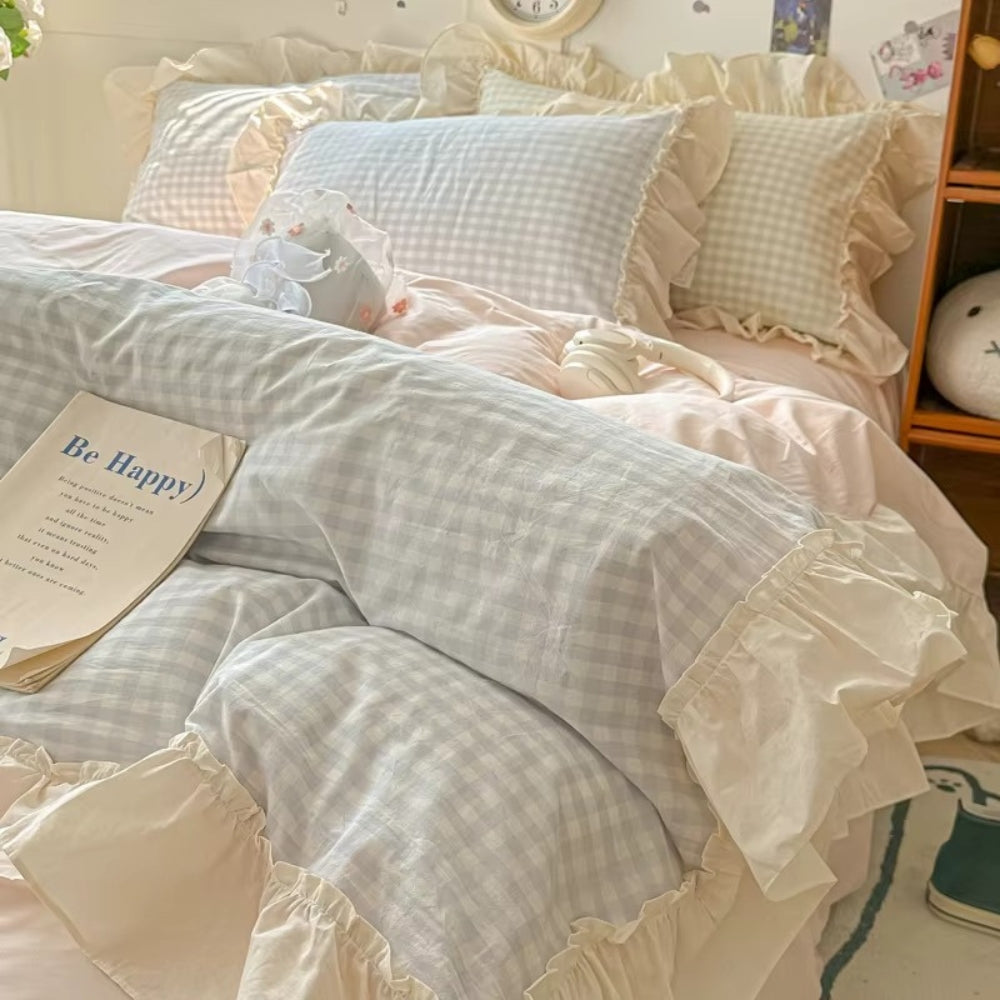 RuffleCheck™ - Bettwäsche Set Kariert - Rüschen Design - Romantisches Schlafzimmer Set