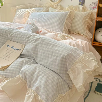 RuffleCheck™ - Bettwäsche Set Kariert - Rüschen Design - Romantisches Schlafzimmer Set