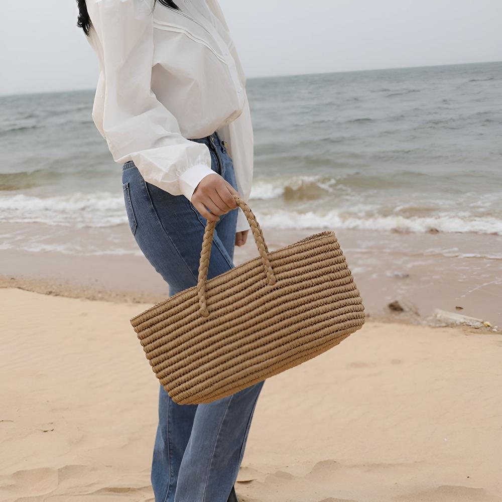 StrawCarry™ – Geflochtene Stroh Strandtasche mit Kordelverschluss – Geflochtene Stroh Tragetasche