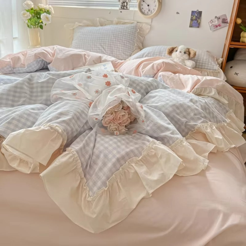 RuffleCheck™ - Bettwäsche Set Kariert - Rüschen Design - Romantisches Schlafzimmer Set