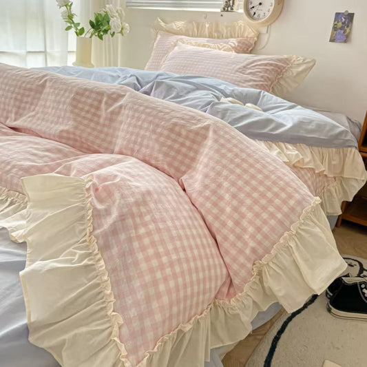 RuffleCheck™ - Bettwäsche Set Kariert - Rüschen Design - Romantisches Schlafzimmer Set