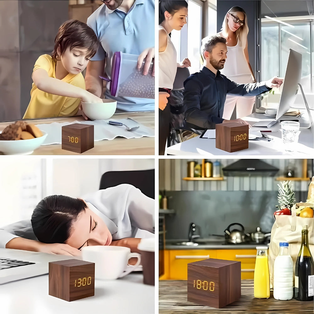 CubeGlow™ – LED Wecker Holzoptik Temperaturanzeige Tischuhr – Digitaler LED Wecker