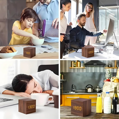 CubeGlow™ – LED Wecker Holzoptik Temperaturanzeige Tischuhr – Digitaler LED Wecker