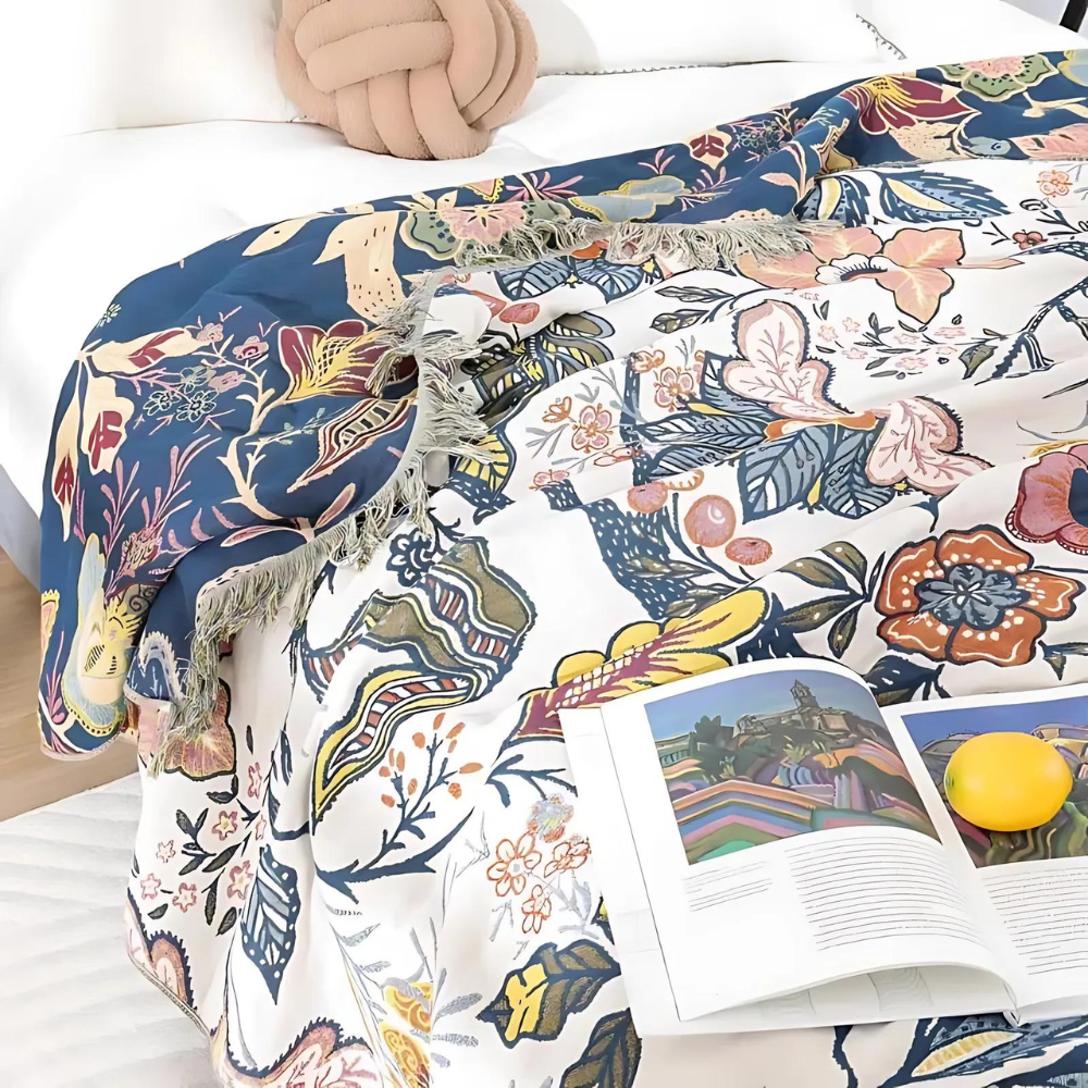 BloomWeave™ - Baumwoll Decke - Boho Stil - Wendbares Blumen Design