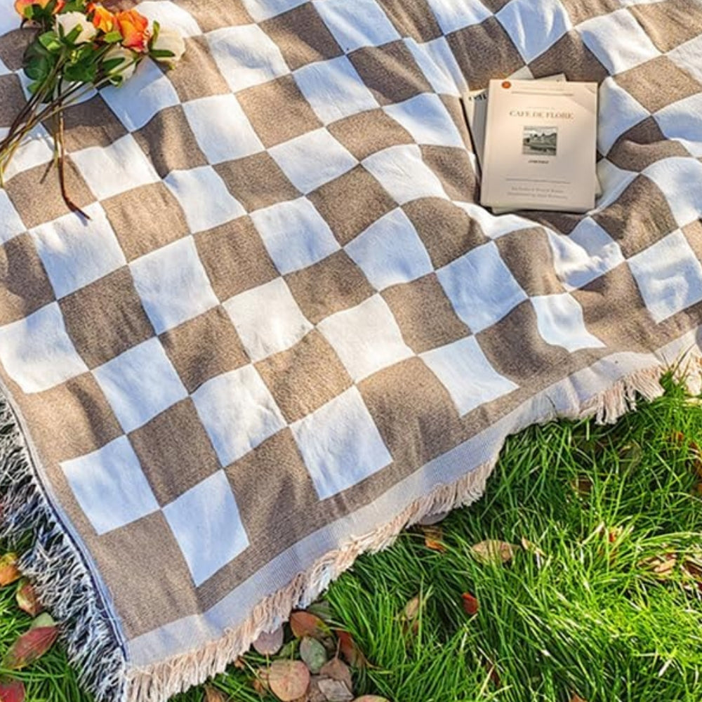 FringeComfort™ – Karierte Picknickdecke Mikrofaser mit Fransen Outdoor – Karierte Picknick Decke