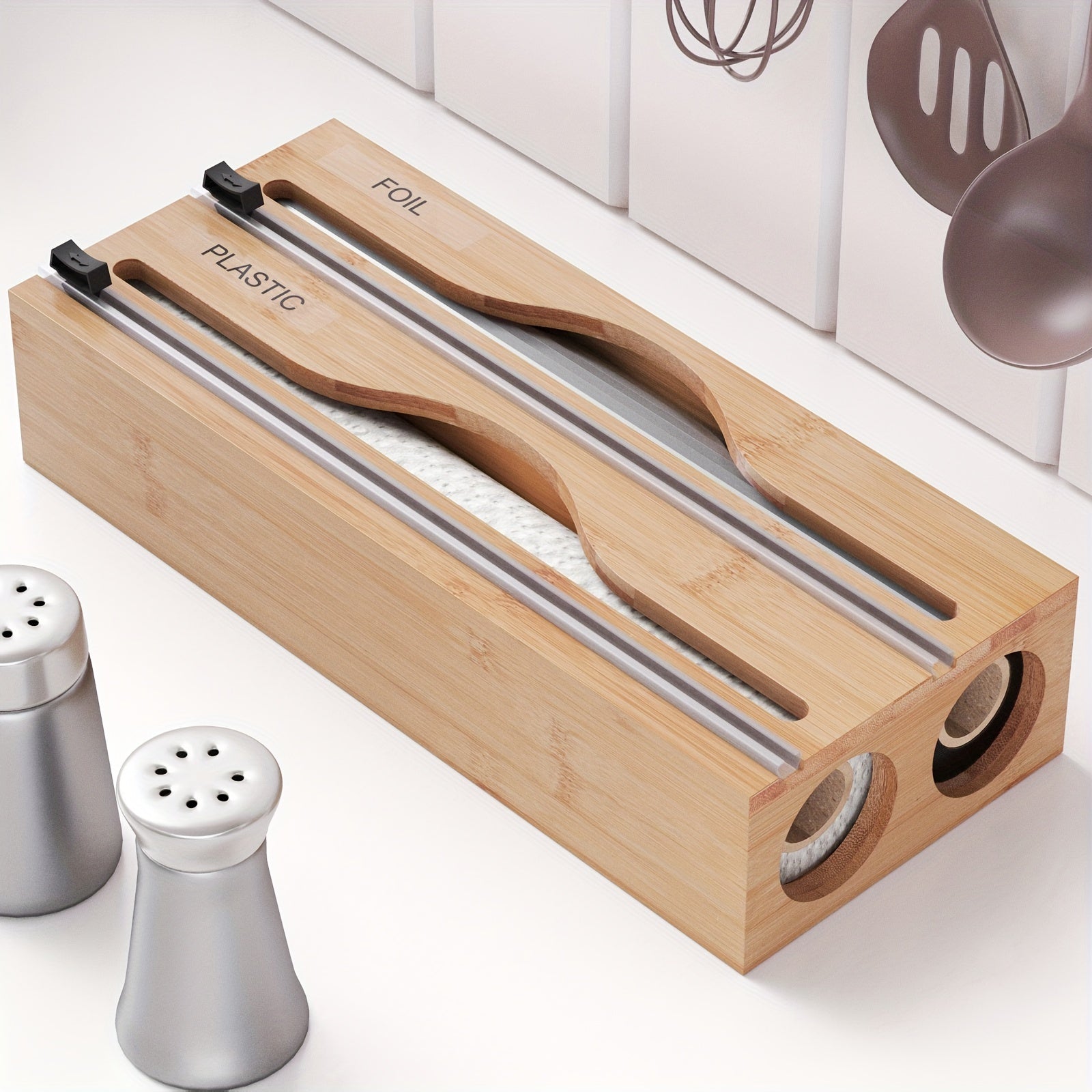 Bambora Folienspender - Bambus mit Integriertem Cutter, 2-in-1 Design 1