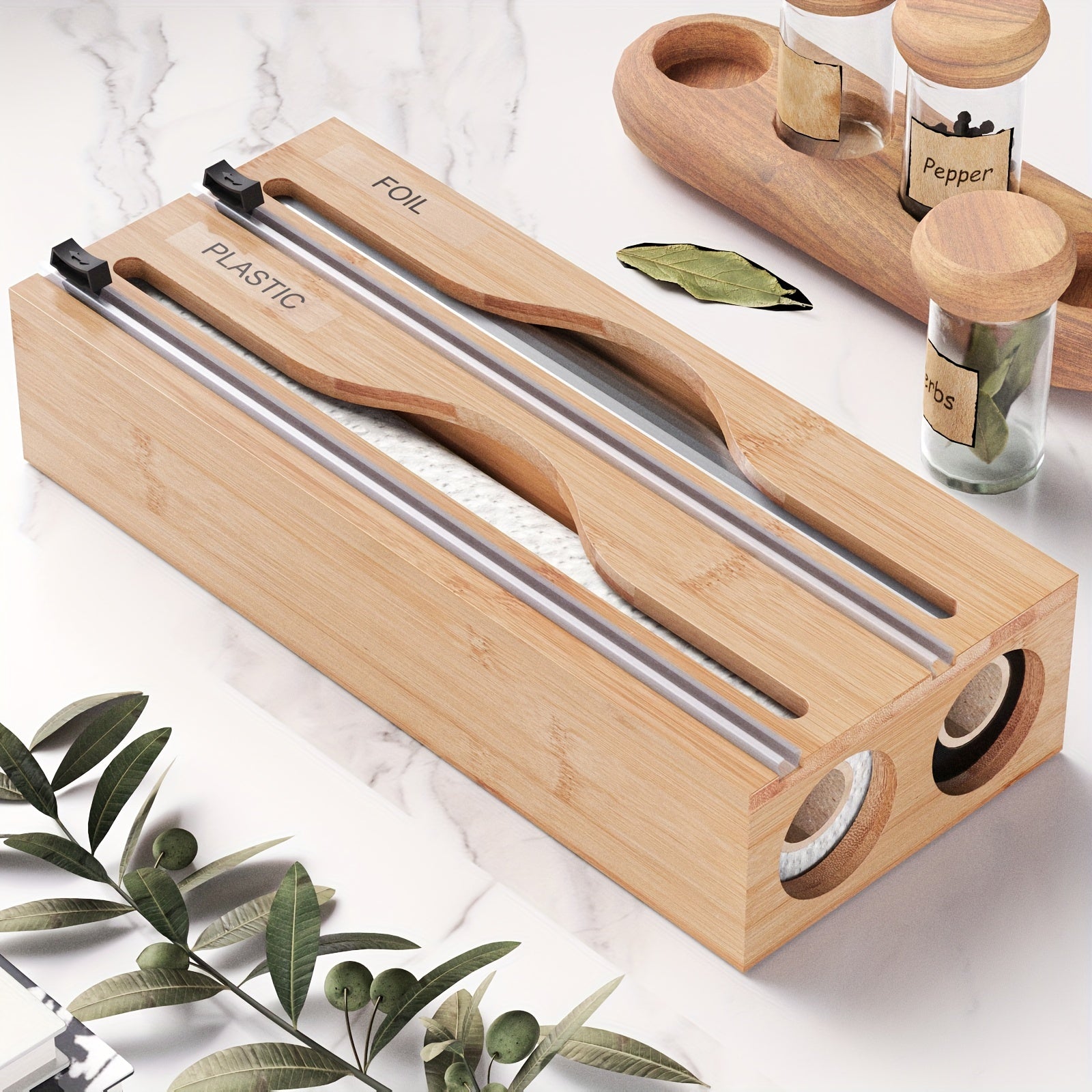 Bambora Folienspender - Bambus mit Integriertem Cutter, 2-in-1 Design 2