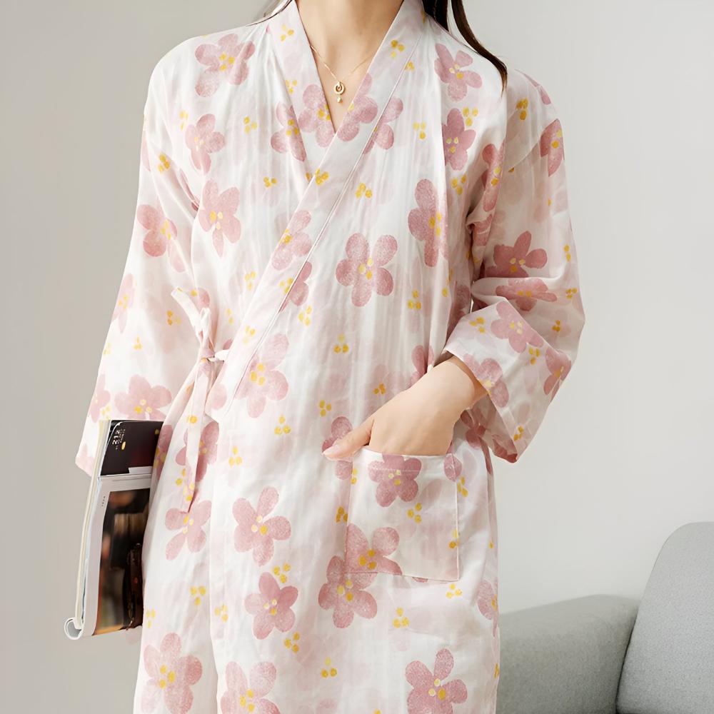 Bela Bademantel Damen - Baumwolle, Yukata-Stil mit Blumenmuster 1