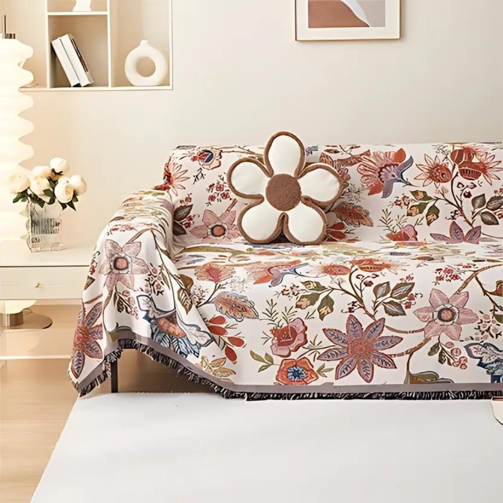 Blumiger Sofaüberwurf - Polyester-Baumwoll-Mischung mit Rustikalen Quasten 0