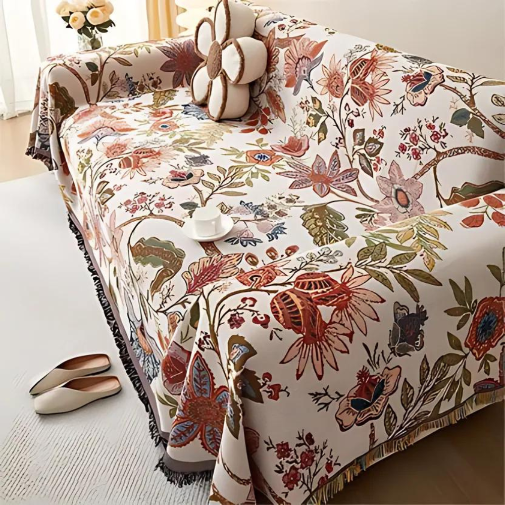 Blumiger Sofaüberwurf - Polyester-Baumwoll-Mischung mit Rustikalen Quasten 1