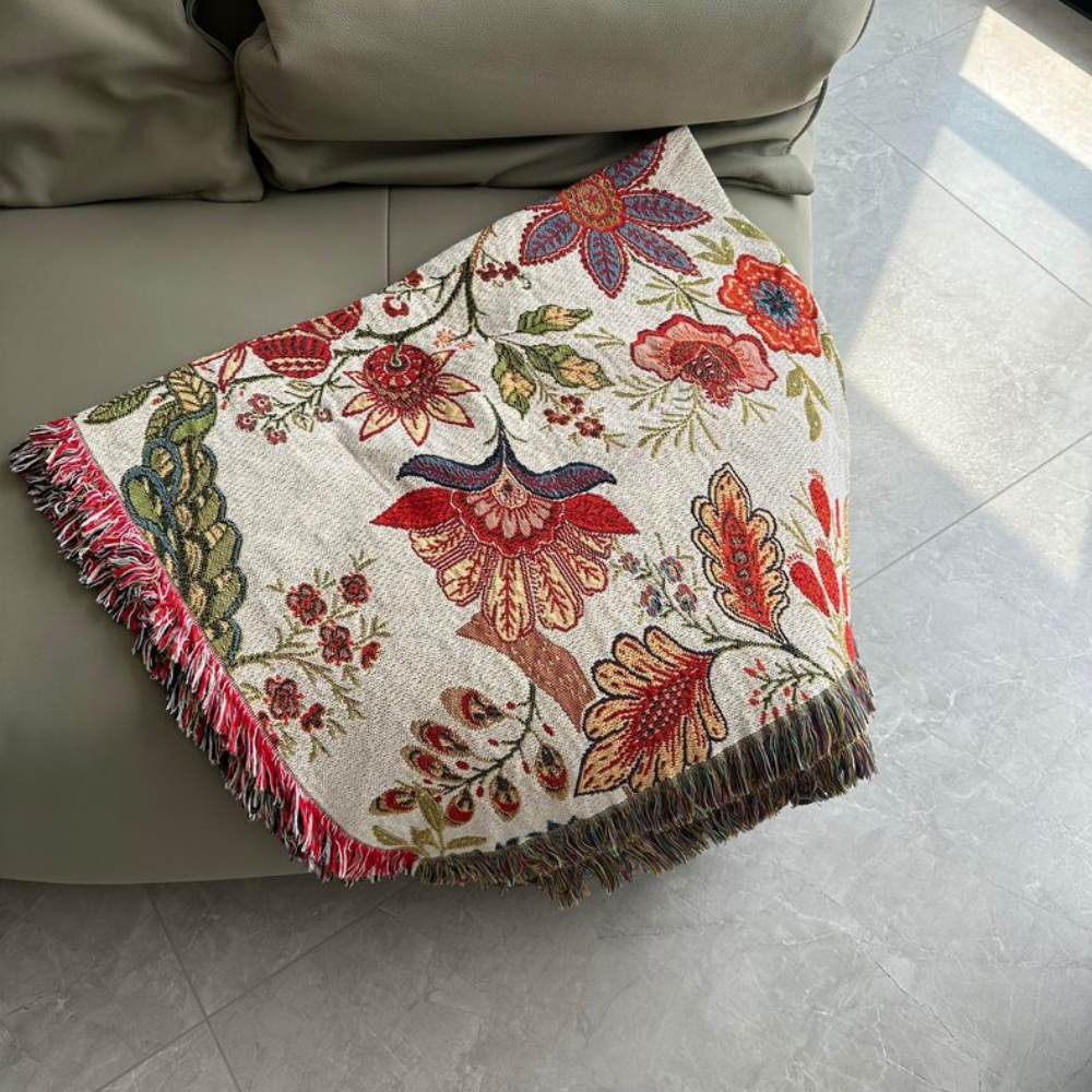 Blumiger Sofaüberwurf - Polyester-Baumwoll-Mischung mit Rustikalen Quasten 3