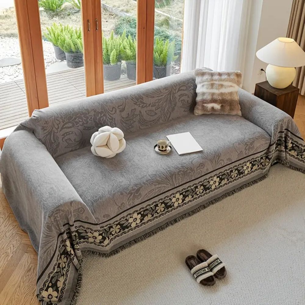 Bohéme Sofaüberwurf - Weicher Chenille, Florale Quasten 0