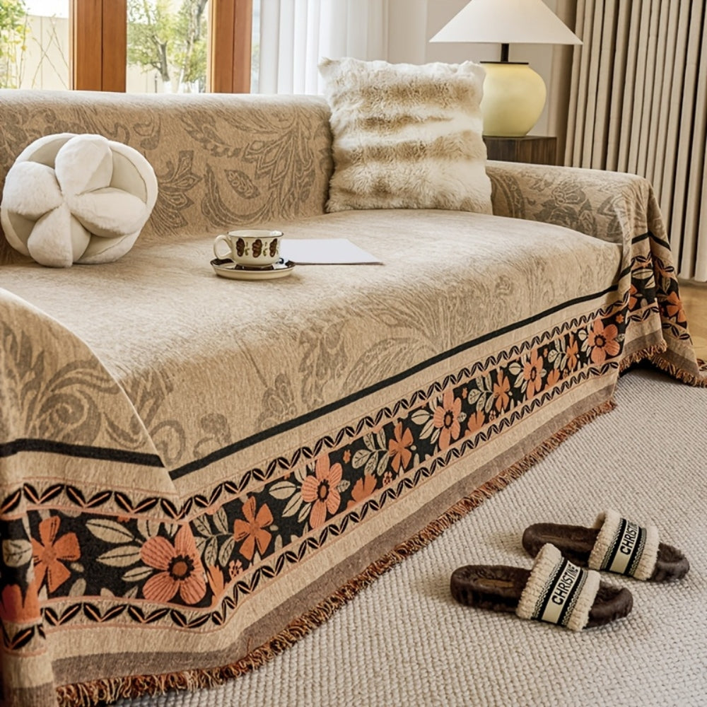 Bohéme Sofaüberwurf - Weicher Chenille, Florale Quasten 1
