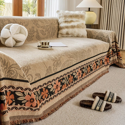 Bohéme Sofaüberwurf - Weicher Chenille, Florale Quasten 1