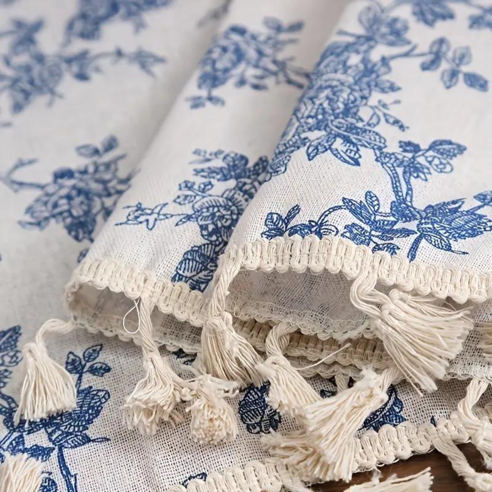 Boreal Floral Vorhang - Halbtransparent, Blaues Rosenmuster, 100% Polyester 3