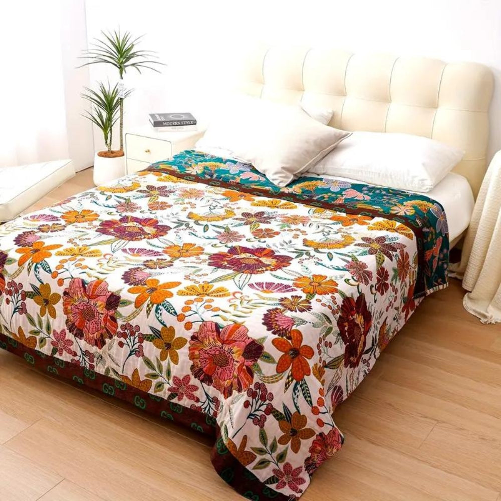Celia Wolldecke - 100% Baumwolle, Wendbar mit Blumenmuster 0
