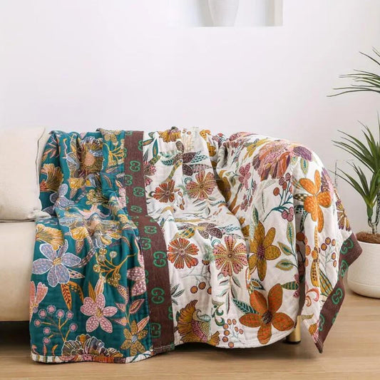 Celia Wolldecke - 100% Baumwolle, Wendbar mit Blumenmuster 1