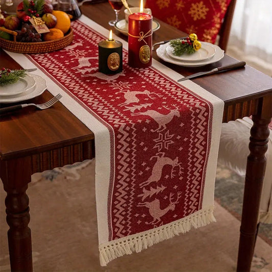 Elara Tischläufer Weihnachten - Mikrofaser mit Elch-Design und Quastenkanten 0