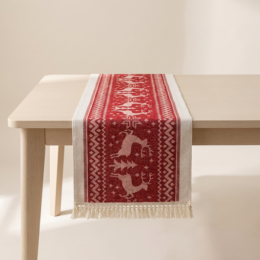 Elara Tischläufer Weihnachten - Mikrofaser mit Elch-Design und Quastenkanten 1