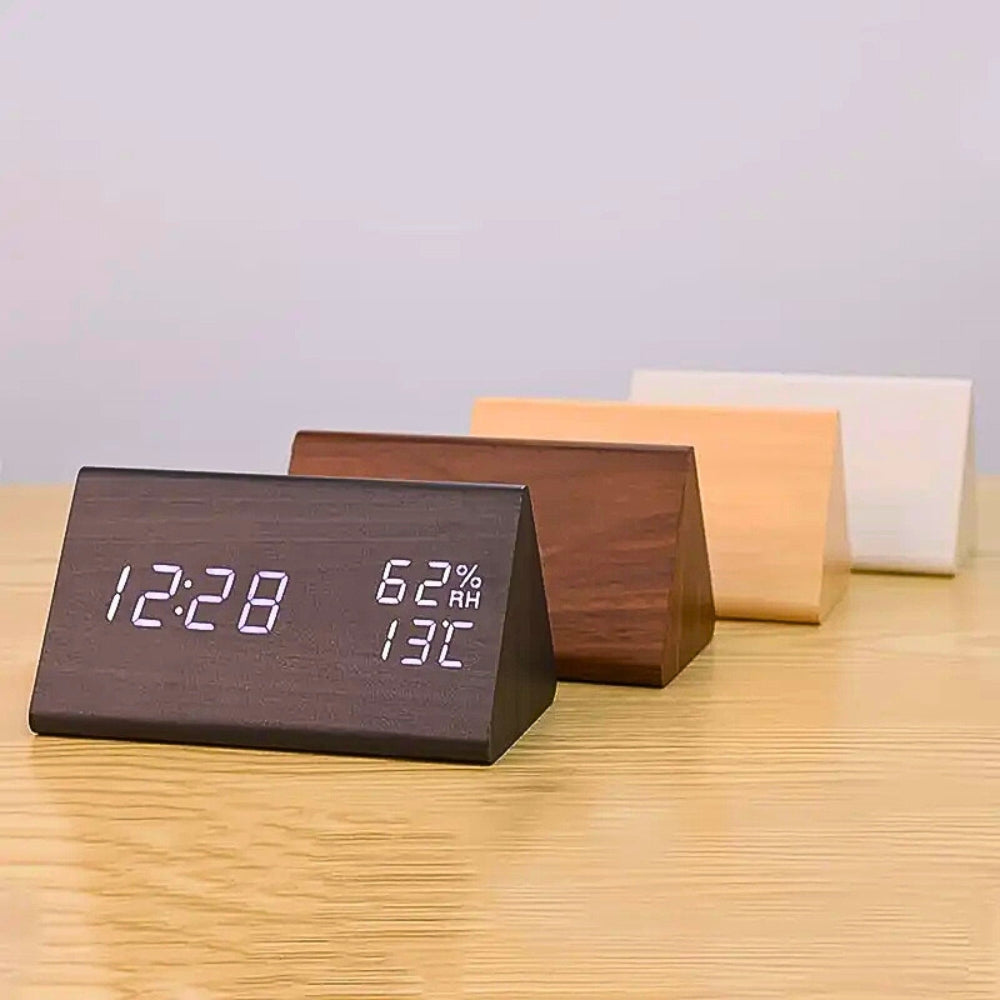 TriWoodTime™ Holz Wecker – Digitaler LED Wecker – Uhr Datum Temperatur