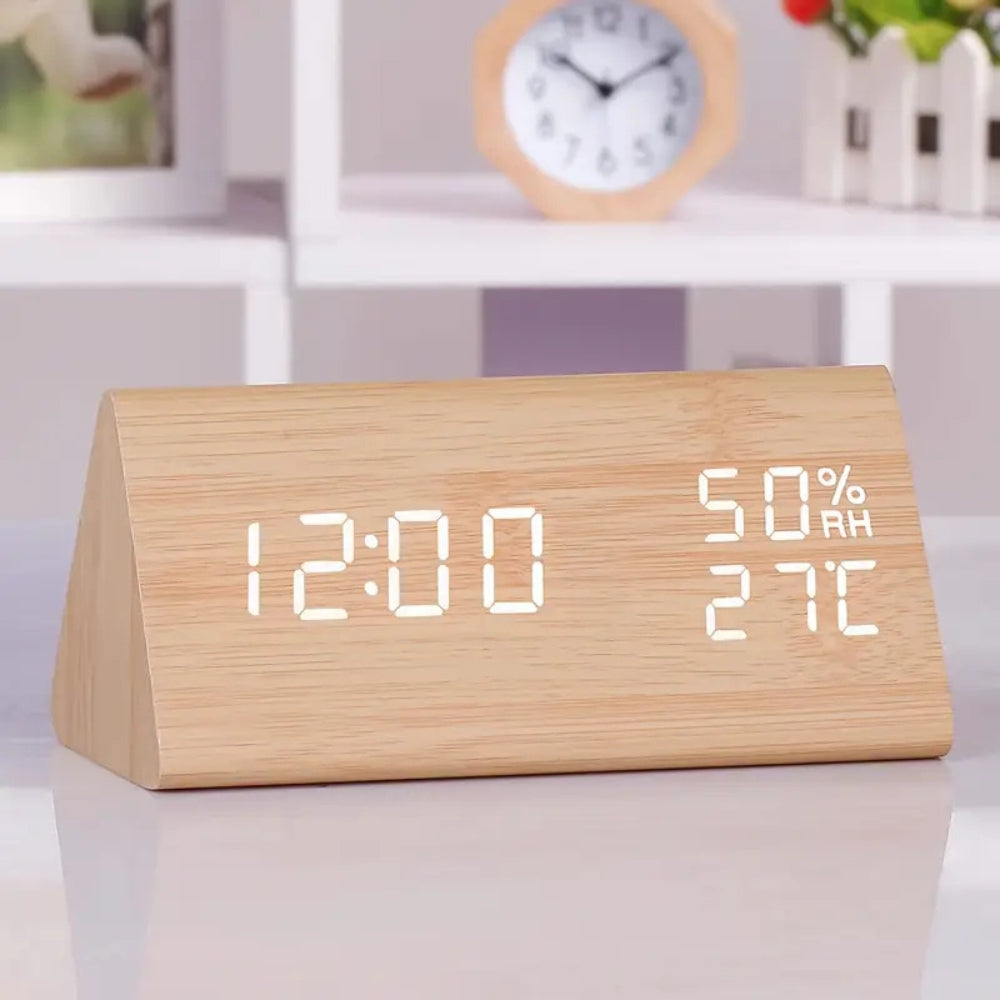 TriWoodTime™ Holz Wecker – Digitaler LED Wecker – Uhr Datum Temperatur