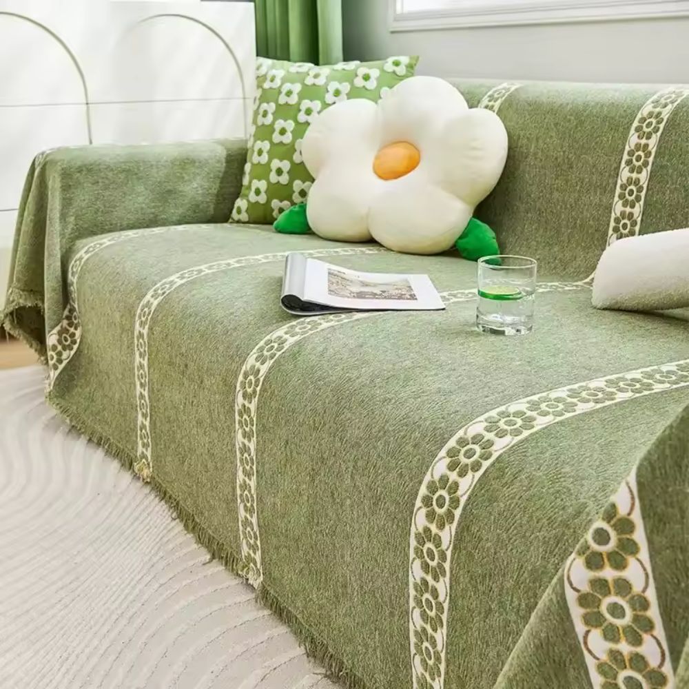 Flora Sofabezug - Chenille, Blattmuster für Sofa, Couchbezug 4