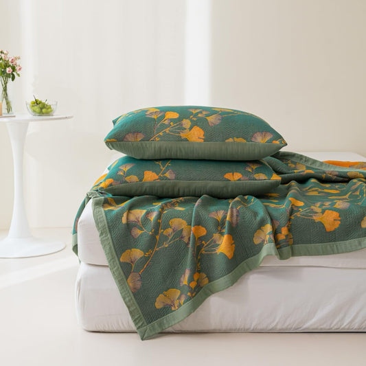 Ginkgo Jacquard Wendedecke - Baumwollmischung, Wendbar Floral 1