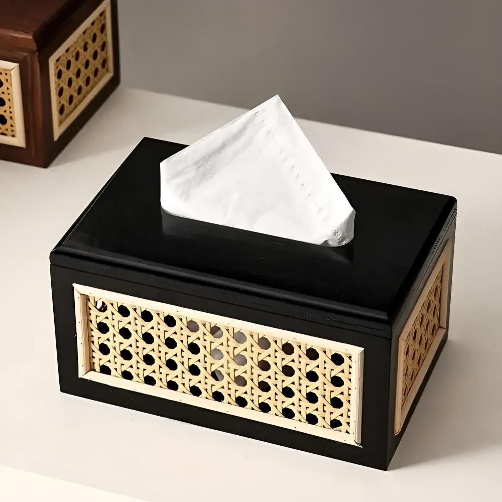 Juno Taschentuchbox - Rattan und Massivholz, Minimalistisch Elegantes Design 0