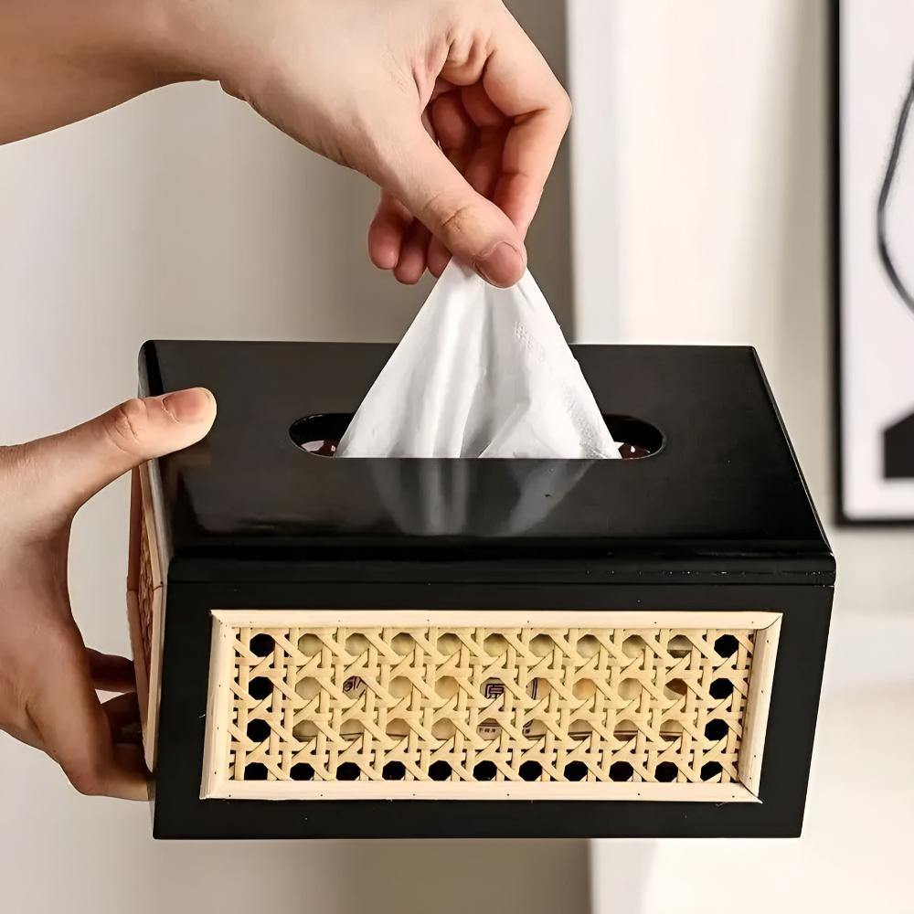 Juno Taschentuchbox - Rattan und Massivholz, Minimalistisch Elegantes Design 1
