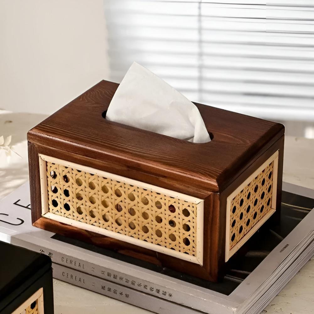Juno Taschentuchbox - Rattan und Massivholz, Minimalistisch Elegantes Design 2
