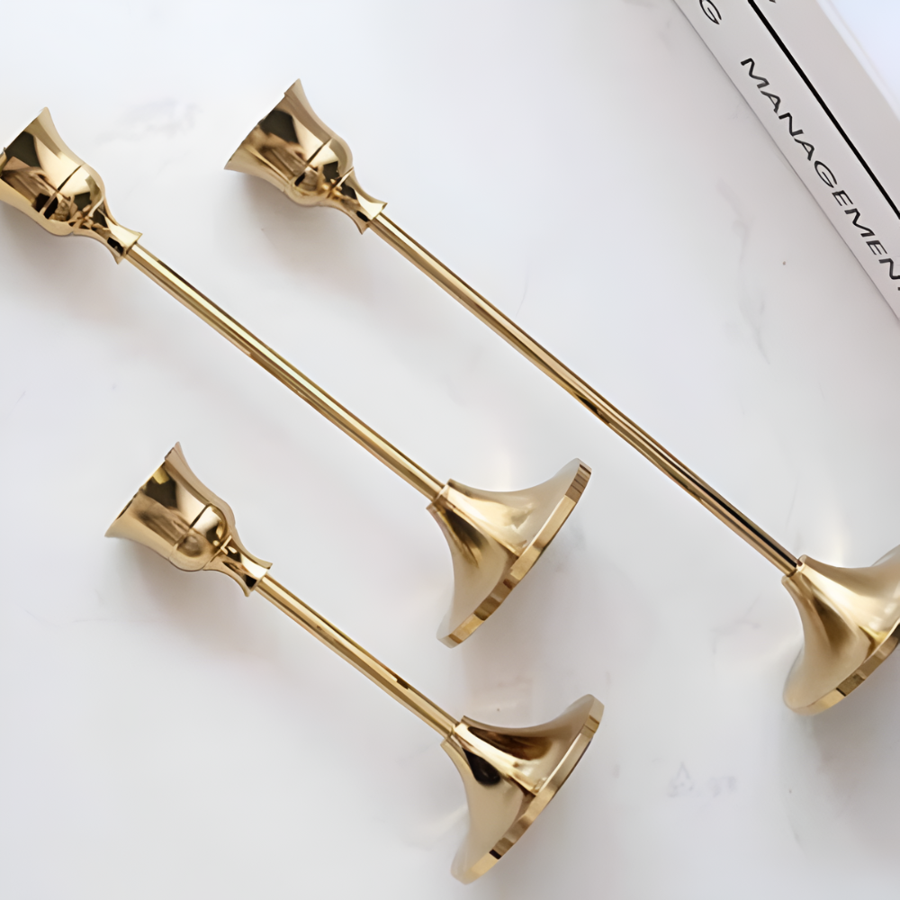 Klaren Kerzenständer Set - Messing, Vintage 3-teilig für Stabkerzen 7
