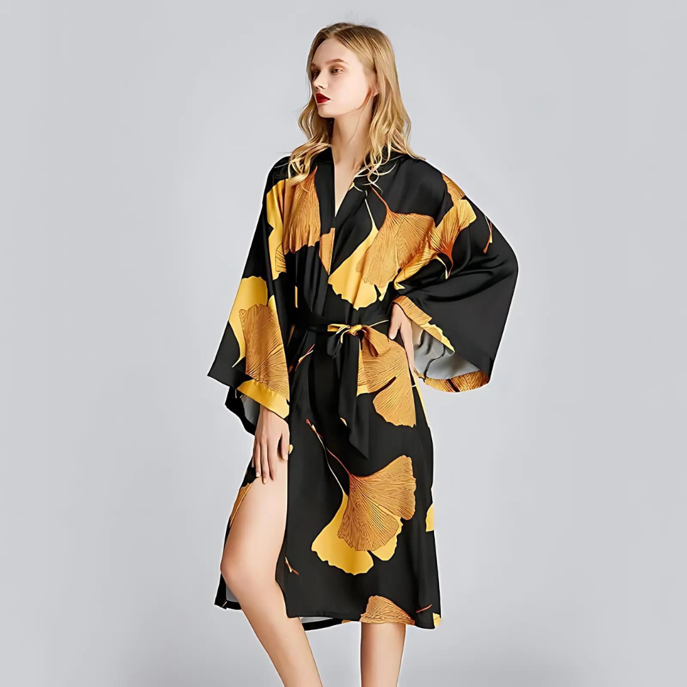 Klassik Bademantel Damen - Polyester, Ginkgoblatt-Print Schwarz 0