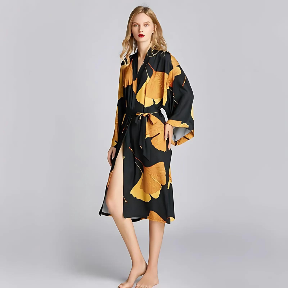 Klassik Bademantel Damen - Polyester, Ginkgoblatt-Print Schwarz 1