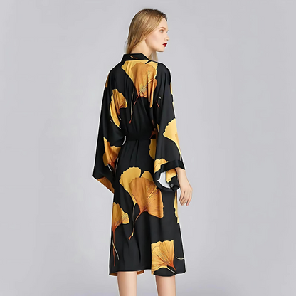 Klassik Bademantel Damen - Polyester, Ginkgoblatt-Print Schwarz 2