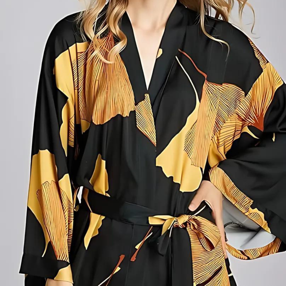 Klassik Bademantel Damen - Polyester, Ginkgoblatt-Print Schwarz 3