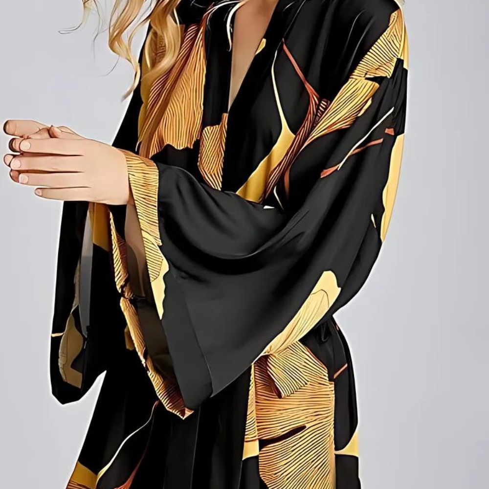 Klassik Bademantel Damen - Polyester, Ginkgoblatt-Print Schwarz 4