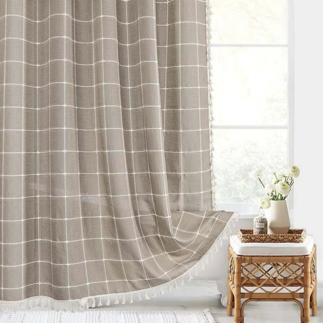 Lina Duschvorhang - Leinen, Boho-Design mit Quasten, Wasserdicht 0