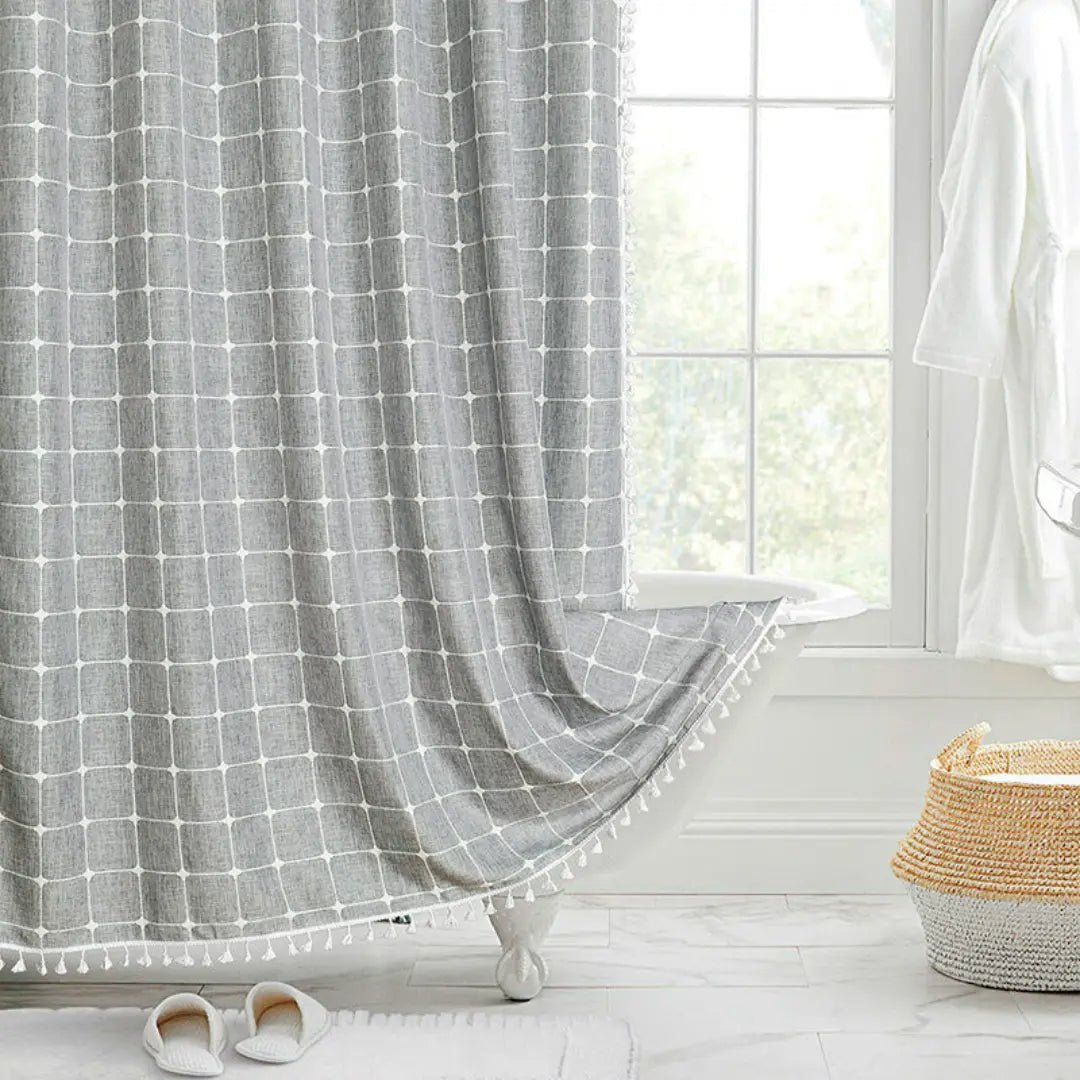 Lina Duschvorhang - Leinen, Boho-Design mit Quasten, Wasserdicht 2