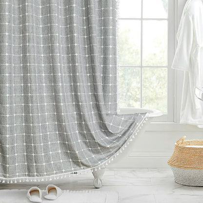 Lina Duschvorhang - Leinen, Boho-Design mit Quasten, Wasserdicht 2